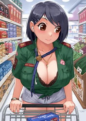 1girls big_breasts black_bra bra bra_peek breasts cleavage female female_only gao-lukchup gao_(gaolukchup) gaolukchup large_breasts open_shirt shorts solo supermarket unbuttoned unbuttoned_shirt