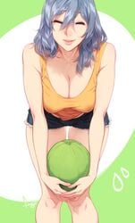 big_breasts cleavage closed_eyes feguimel hanging_breasts karina_(feguimel) melon no_bra short_hair silver_hair smiling thick_thighs thigh_gap