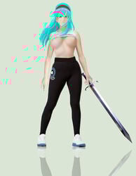 1girls aged_up blue_eyes blue_hair bra_(dragon_ball) bra_briefs brave_sword breasts capsule_corporation_logo closed_mouth clothed clothed_female clothing dragon_ball dragon_ball_gt elitenappa female female_saiyan hairband human long_hair nipples saiyan shounen_jump solo sword top_lift