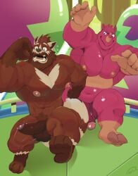 2023 ailurid anthro anthrofied arena balls barazoku brown_body digital_media_(artwork) duo erection fall_guys feet foreskin fur genitals glans hi_res horn humanoid_genitalia humanoid_penis lazy_tiggy lily_pad male male/male mammal markings musclegut muscular muscular_anthro muscular_male nipples nude open_mouth pecs penis pink_body plant pubes red_panda rhino_(fall_guys) rhinoceros roy_rockefeller running running_away striped_markings striped_tail stripes tail tail_markings teeth tongue vein veiny_penis