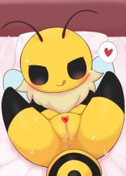 1girls antennae_(anatomy) bed bee black_eyes bug bug_fables butthole censored female_only fur heart_censor heart_symbol kajiura pussy solo sweat tagme tongue vi_(bug_fables) wings