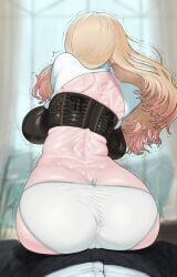 maruko_tooto idolmaster gakuen_idolmaster juo_sena very_long_hair portrait cowboy_shot blurry_background indoors day daytime window female female_focus male male/female 1boy first_person_view uniform shirt white_shirt pants black_pants shaking_lines 1girls blonde_hair long_hair pink_hair streaked_hair gradient_hair multicolored_hair backless_outfit crop_top back ass ass_focus big_ass bent_over sitting sitting_on_person large_breasts breasts from_behind jacket long_sleeves sports_bra black_sports_bra humping dry_humping panties white_panties underwear white_underwear crotch_seam cameltoe