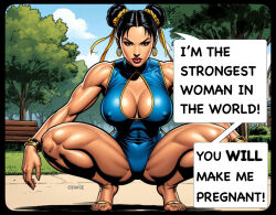 ai_generated asian asian_female black_hair blue_sky chun-li cloud clouds cswiz demanding demanding_sex english_text hair_ornament high_heels hoop_earrings hourglass_figure hourglass_figured_female huge_breasts impregnation_request looking_at_viewer muscular muscular_female muscular_legs nipple_bulge outdoors park park_bench public speech_bubble squatting tagme talking_to_viewer thick_thighs threatening threatening_viewer tree trees twin_buns