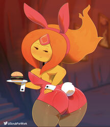 adventure_girls adventure_time ass big_ass blush breasts bunny_ears bunny_girl bunny_tail bunnysuit burger busty clothed clothing collar female flame_princess food half-closed_eyes hand_on_hip large_breasts long_hair looking_back mob_face orange_hair orange_skin pantyhose presenting_hindquarters sideboob sleeveless smile solo solo_female somescrub voluptuous