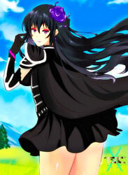 back back_view bangs bedroom_eyes black_hair cape deathelena_recreigialas earrings eyebrows_visible_through_hair eyeliner female female_only flower gloves highres lipstick logo long_hair looking_at_viewer looking_back original original_character purple_eyes sacredcourage shoulder_armor shoulder_pads skirt standing the_legendary_tauran'creima the_legendary_tauran'creima:_star_beings_of_the_universe