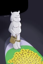 5_fingers absurd_res anthro belly blinking boss_monster_(undertale) bovid breasts caprine digital_drawing_(artwork) digital_media_(artwork) eyelashes eyes_closed feet female fingers flower fur genitals goat golden_flower grass hi_res horn mammal mature_female monster navel nipples nude nude_anthro nude_female pink_nipples plant slightly_chubby soder_cat solo standing toes toriel undertale undertale_(series) vulva water watering watering_can white_body white_fur