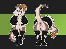 2026 6_nipples anthro anus aubrey_(halbean) bent_over biped black_clothing black_jacket black_topwear boots brown_body brown_fur butt choker clothed clothing cute_fangs digital_media_(artwork) ear_piercing fangs female female_anthro fishnet_stockings flat_chested footwear fur fur_trim_(clothing) genitals green_eyes hair halbean industrial_piercing jacket jewelry mammal multi_nipple mustelid necklace nipple_tape nipples open_clothing open_jacket open_topwear orange_hair otter pasties piercing presenting presenting_hindquarters puffy_anus pussy_tape shoes smile smiling_at_viewer solo tape teeth topwear vulva white_body white_fur