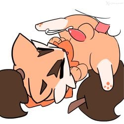 1:1 anal ball bodily_fluids chest_tuft cum duo feral fur genital_fluids genitals godforgiveme4 hi_res lying male male/male on_back orange_body orange_fur pal_(species) palworld penis pocketpair pupperai_(pal) simple_background stick tail tuft watermark