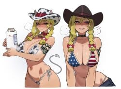 2girls american_flag_bikini animal_print animal_print_bikini bikini bimbo blonde_hair blush choker cow_print cow_print_bikini female flag_bikini freckles freckles_on_breasts hat headwear holding_object kitt_(pokemon) pokemon pokemon_champions ratatatat74 rucola_(pokemon) twintails