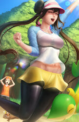 1boy 1girls abs black_legwear blurry blurry_background breasts brown_hair celebration cleavage closed_eyes clothed clouds day female fist fully_clothed game_freak grass hat high_resolution highres human human_only larger_female limgae long_hair navel nintendo npc_trainer open_mouth outdoors pantyhose patrat patreon pokemon pokemon_(species) pokemon_bw pokemon_bw2 rosa_(pokemon) sky smaller_male snivy solo_focus source_request text thick_thighs tree twintails url watermark wide_hips youngster_(pokemon) youngster_(pokemon_bw)