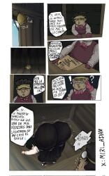 chainsaw_man jojo's_bizarre_adventure steel_ball_run crossover weird_crossover miri_adam mitaka_asa fat_ass huge_ass big_ass round_ass ass ass_focus skirt clothing clothed kneeling looking_at_ass staring staring_at_ass shocked clueless trembling tremble_spikes wobbling_ass comic spanish_text spanish_dialogue