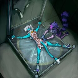 absurd_res allegrofox anthro arms_tied armwear body_writing bound clothing collar degradation degrading_tattoo duo hair hi_res legs_tied legwear male mammal pink_armwear pink_clothing purple_hair questionable_consent shaved_fur tail tail_tied tattoo