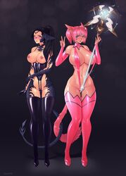 2019 animal_ears ass_visible_through_thighs au_ra black_hair breasts cameltoe cat_ears corset dragon_girl duo female female_only final_fantasy final_fantasy_xiv footwear gesture high_heels humanoid large_breasts lingerie mammal miqo'te navel nipple_piercing nipple_rings piercing pink_hair rubber shiny_clothes shoes simple_background skimpy skimpy_clothes smile square_enix staff standing stockings tesomu thin_waist topwear v xaela