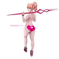 1girls ass asuka_langley_sohryu bare_arms bare_ass bare_legs bare_shoulders big_ass blue_eyes female female_only german ginger ginger_hair lance_of_longinus naked neon_genesis_evangelion nude pale-skinned_female pale_skin pony_tail ponytail sneakers solo solo_female spear zeronis