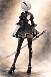 1girls 2b_(nier:automata) arm_length_gloves artist_request black_hairband bob_cut dress elbow_gloves exposed_back facing_away facing_away_from_viewer feather-trimmed_sleeves female female_focus female_only fully_clothed hairband heels high_heels light-skinned_female light_skin mole_under_mouth nier:_automata puffy_sleeves short_hair skirt solo solo_female solo_focus stockings sword thighhighs virtuous_contract weapon white_hair yorha_2b
