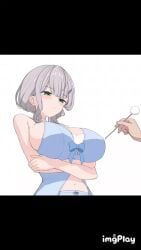 1other animated arms_under_breasts babydoll bare_arms blue_babydoll blue_bow bouncing_breasts bow breasts covered_nipples crossed_arms female green_eyes grey_hair hair_clip hair_ornament hololive large_breasts left_sio letterboxed looking_at_another mimikaki mole mole_on_breast nipple_flick nipple_stimulation poking_breasts shirogane_noel simple_background solo_focus stomach tagme unamused upper_body video virtual_youtuber watermark white_background