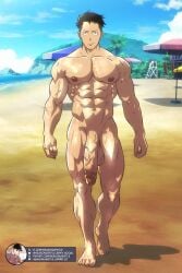 1boy abs akitaru_oubi bara bara_tiddies bara_tits barazoku beach beefy big_penis bigger_male broad_shoulders dangling_balls defined_muscles en'en_no_shouboutai enen_no_shouboutai fire_force flaccid flaccid_bigger flaccid_penis foreskin_folds gay hairless hanging_balls hanging_penis hunk larger_male looking_at_viewer male male_focus male_only manly masculine_male muscles muscular muscular_male obi_akitaru oubi_akitaru penis penis_down public_nudity retracted_foreskin seasongentle solo solo_focus solo_male veins veiny waves yaoi