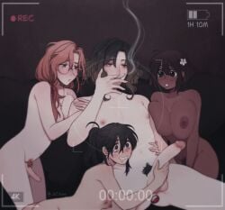 1boy 1futa 2girls absurdres ass battery_indicator black_eyes black_hair blush breasts brown_eyes brown_hair cigarette collarbone crazy_eyes crazy_smile cross cross_necklace dark-skinned_female dark_skin degrees_of_lewdity drooling english_commentary expressionless flower futanari glasses grabbing_another's_penis green_eyes hair_flower hair_ornament harem highres holding holding_cigarette huge_breasts j2citrus jewelry kylar_(degrees_of_lewdity) kylar_(female)_(degrees_of_lewdity) looking_at_another male_pubic_hair mole mole_on_ass multiple_girls navel necklace nipples orange_hair original parted_lips penis player_character_(degrees_of_lewdity) player_character_(male)_(degrees_of_lewdity) pubic_hair r:sydney_(female)_(degrees_of_lewdity) recording robin_(degrees_of_lewdity) robin_(female)_(degrees_of_lewdity) short_hair sitting small_breasts smile smoke smoking sydney_(degrees_of_lewdity) twitter_username white_flower