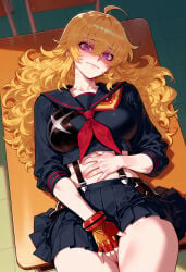 1girl clothing female uniform senketsu yang_xiao_long purple_eyes solo gloves long_hair skirt breasts cosplay fingerless_gloves lying school_uniform blonde_hair matoi_ryuuko on_back looking_at_viewer suspenders ahoge pleated_skirt black_clothes midriff red_neckwear large_breasts serafuku red_gloves crop_top desk black_skirt sailor_collar black_serafuku navel neckerchief on_desk red_neckerchief single_glove school_desk thighs shirt miniskirt blush hair_between_eyes single_fingerless_glove table black_shirt wavy_hair shaded_face hand_on_own_stomach wavy_mouth covering_crotch between_legs black_sailor_collar classroom biting_own_lip cowboy_shot from_above suspender_skirt prosthesis indoors prosthetic_arm closed_mouth voice_actor_connection 1girls ai_generated voluptuous_female voluptuous curvaceous curvaceous_figure curvaceous_female curvy curvy_figure female_focus balecxi rwby uncensored matoi_ryuuko_(cosplay)