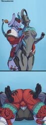 ass_grab female grope instant_loss_2koma legs_up male mating_press nezha_(warframe) nyx_(warframe) thechurroman warframe