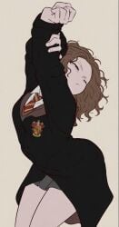 1girls ai_generated brown_eyes brown_hair clothed female female_only gryffindor gryffindor_tie harry_potter hermione_granger hogwarts hogwarts_school_uniform hogwarts_student school_uniform sfw skirt stretch stretching tired_eyes wizard_robe
