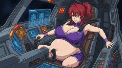 ai_generated bloated_belly bloated_stomach bloated_tummy female_villain freckles freckles_on_face ginger ginger_female ginger_hair gundam_00 large_breasts nena_trinity ponytail ponytail_female pregnant pregnant_belly pregnant_female red-haired_female villainess yellow-eyed_female gundam mobile_suit_gundam sitting