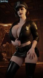 3d alcina_dimitrescu bare_midriff big_breasts black_hair breasts busty cleavage crop_top cropped_jacket earrings eyeshadow female female_focus female_only hourglass_figure large_breasts makeup miniskirt pale-skinned_female pale_skin police police_hat police_officer police_uniform policewoman resident_evil resident_evil_8:_village skimpy skimpy_clothes skirt sweat tagme thedirtden wide_hips