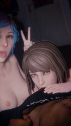 bbc blue_eyes breasts breasts_out brunette calvin_klein chloe_price dark-skinned_male dark_skin eye_contact interracial life_is_strange light-skinned_female madruga3d madrugasfm max_caulfield peace_sign submissive submissive_female tongue_out underwear