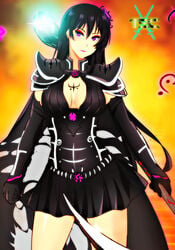 bangs bedroom_eyes black_hair breasts cape deathelena_recreigialas earrings eyebrows_visible_through_hair eyeliner female female_only flower gloves glyphs highres lipstick logo long_hair looking_at_viewer original original_character purple_eyes sacredcourage scythe shoulder_armor shoulder_pads skirt smile standing the_legendary_tauran'creima the_legendary_tauran'creima:_star_beings_of_the_universe weapon