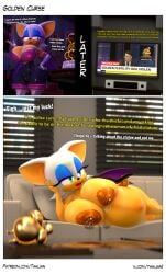 3d 3d_(artwork) absurd_res anthro bat big_breasts bodily_fluids breasts comic controller digital_media_(artwork) electronics female fertility_idol furniture heist hi_res huge_breasts idol_(object) lactating lying lying_on_sofa mammal navel news news_report nipples nude on_side on_sofa pregnant remote_control rouge_the_bat sega shortstack sofa solo sonic_(series) sonic_the_hedgehog_(series) stealing tahlian television thick_thighs wide_hips