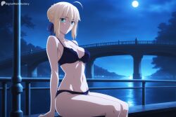 digitalwaifugallery ai_generated patreon seductive sexy uncensored watermark hi_res high_quality high_resolution saber fate_(series) moon full_moon 1girl artoria_pendragon_(all) night underwear bra breasts sky night_sky blonde_hair navel solo ahoge moonlight underwear_only sitting cleavage panties looking_at_viewer green_eyes medium_breasts railing black_bra collarbone sidelocks eyebrows_visible_through_hair bangs hair_ribbon ribbon braid bow