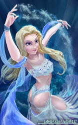 1girls arm_up ass bare_shoulders bikini blonde_hair blue_background blue_eyes breasts cleavage commentary disney dress elsa_(frozen) female frozen_(film) frozen_2 gluteal_fold hair_down hair_over_shoulder hand_up judash137 long_hair magic pale_skin patreon_username see-through_silhouette signature smile snowflakes solo standing watermark white_dress