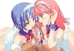 1boy 2girls adjusting_hair ahoge aig8654fez alternate_costume apron ass bare_shoulders black_wrist_cuffs blue_hair blush bow bowtie breasts brooch censored collar commentary cooperative_fellatio cum cum_on_body cum_on_hair detached_collar enmaided erection eyes_visible_through_hair facial fellatio frilled_apron frilled_collar frilled_wrist_cuffs frills grabbing_another's_penis green_eyes hair_behind_ear hair_between_eyes hair_down hand_up hetero highres hoshizora_no_memoria isuzu_aoi jewelry kogasaka_chinami long_hair looking_at_penis maid maid_apron maid_headdress medium_hair mosaic_censoring multiple_girls nipples nude open_mouth oral penis pink_bow pink_bowtie pink_hair profile simple_background small_breasts strap_slip teamwork_(sexual) testicles tongue tongue_out tsurime white_apron white_background wrist_cuffs yellow_eyes