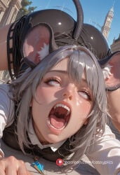 ai_generated nazrin mouse mouse_ears mouse_girl mouse_tail ass_up screaming trembling orgasm pleasure_face rolling_eyes blush expressive wide_hips thick_thighs big_ass jack-o_pose laying_on_breasts legs_spread clothed solo female female_only