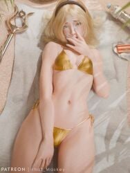 1girls 2026 3d above_view bashful beach_setting bikini bikini_only blonde_hair blue_eyes blue_nail_polish blush breasts covered_breasts covering_face female female_only gold_bikini hand_over_crotch headband laying_down league_of_legends legs_apart lipstick looking_at_viewer luxanna_crownguard lying_on_back lying_on_towel medium_breasts medium_hair nail_polish navel outdoors painted_nails sand skinny skinny_female solo that_maskey weapon