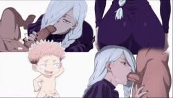 age_difference animated animated_gif ass big_ass blowjob braided_hair clothed clothed_female clothed_female_nude_male dick earrings gif itadori_yuuji jujutsu_kaisen lipstick mei_mei_(jujutsu_kaisen) milf nude_male nude_male_clothed_female on_knees oral painted_nails penis pink_hair preview_(preview0) twitching twitching_penis white_hair