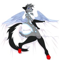 1:1 4_toes anthro anus areola black_claws blue_anus blue_areola blue_eyes blue_nipples blue_vulva breasts butt claws colored digital_drawing_(artwork) digital_media_(artwork) feathered_wings feathers feet felid female fur genitals hair hi_res leopard licking licking_lips lying mammal medium_breasts multicolored_body multicolored_fur nipples nollya nude on_side pantherine pawpads paws red_pawpads shaded short_hair simple_background snout solo toes tongue tongue_out vulva white_background wings