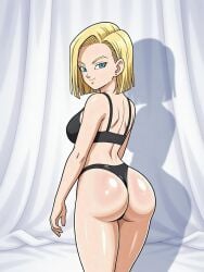ai ai_art ai_generated android_18 anime ass ass_focus black_thong blonde_hair blue_eyes booty butt butt_focus dragon_ball dragon_ball_z pawg posing posing_for_the_viewer round_ass round_butt shiny_butt