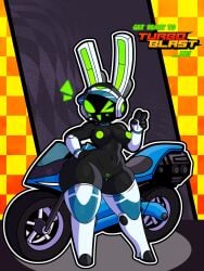 animal_humanoid anthro areola black_body bottom_heavy breasts clothing electronics empty_eyes female front_view genitals green_areola green_eyes green_nipples hand_on_hip hat headgear headphones headwear hi_res humanoid lagomorph leporid looking_at_viewer machine mammal motorcycle navel nipples one_eye_closed project_turboblast rabbit robot robot_anthro skwid solo tempo_(project_turboblast) thick_thighs vehicle visor_cap vulva wide_hips wink winking_at_viewer
