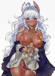 ahoge animal_ears bangs bare_shoulders bat_ears between_breasts blush bracelet breasts cleavage clenched_teeth collarbone commentary_request cowboy_shot dark_skin dress ear_piercing eyebrows_visible_through_hair female gold groin hair_between_eyes hands_up highres jewelry large_breasts long_hair looking_at_viewer messy_hair mira_(ogino_atsuki) multiple_piercings neck_ring nipples ogino_atsuki open_mouth original piercing pink_eyes pussy_juice shiny shiny_skin sidelocks silver_hair simple_background solo stomach sweat teeth thighs white_dress