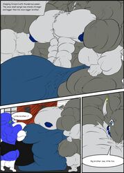 anthro ark_noir_(character) big_muscles bulge comic earpiece fierglief gilwal hi_res huge_muscles hyper hyper_bulge hyper_muscles male male_only muscular nipples sergal size_difference speech_bubble text vein