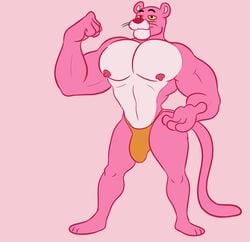 anthro bulge clothing felid flexing fur male male_only mammal muscular muscular_male nipples pantherine pink_body pink_fur pink_panther pink_panther_(series) smile solo speedo swimwear zackdadawg