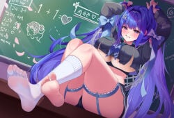 1girl absurdres arcana_(fortune_mate)_(nikke) arcana_(nikke) arms_up black_sailor_collar black_serafuku black_skirt blue_bow blue_neckerchief blunt_bangs blush bow bra breast_zipper breasts brown_bra bunching_hair chalkboard chu.n chu_n classroom commentary crop_top crossed_ankles desk doro_(nikke) dutch_angle falling_petals floral_print full_body garter_straps goddess_of_victory:_nikke gradient_neckerchief grin hair_intakes hair_ornament heart highres huge_breasts indoors kneehighs korean_text leaf_hair_ornament legs_up long_hair long_sleeves looking_at_viewer miniskirt neckerchief no_shoes official_alternate_costume on_desk parted_lips partially_unzipped petals print_bra purple_eyes purple_hair sailor_collar school_uniform serafuku shade single_bare_foot single_sock sitting skirt sleeve_bow smile socks soles solo thigh_strap translation_request underwear very_long_hair white_socks zipper zipper_pull_tab