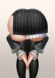 hololive hololive_english ouro_kronii ouro_kronii_(1st_costume) 1girl amen_pose arm_around_leg ass ass_focus bent_over detached_sleeves from_behind frontbend gloves huge_ass own_hands_together palms_together pinstripe_pattern pinstripe_shirt pinstripe_skirt presenting presenting_ass shirt simple_background skirt solo standing thick_thighs thighhighs thighs virtual_youtuber white_background highres cipher4109