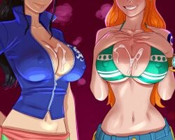 2girls ai_assisted ai_generated anxiousdangero breasts cleavage cum_on_breasts female female_only hands_on_breasts nami_(one_piece) nico_robin nipples_visible_through_clothing one_piece smile