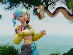 3d blonde_hair blue_hair canari_(pokemon) canary_(pokemon) crop_top crossover dark-skinned_female eastern_and_western_character female hypnosis kaa kaa_eyes lipstick midriff mind_control multicolored_hair outdoors pokemon pokemon_legends:_z-a realsonuvagun resisting snake the_jungle_book twintails