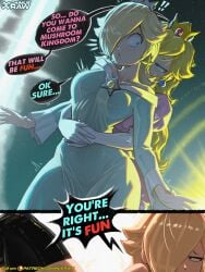 2girls blonde_hair blue_dress blue_eyes daimusraw dress female_only hair_over_one_eye hug hug_from_behind incest lesbian mario_bros patreon pink_dress princess_peach princess_rosalina rosalina sisters super_mario_bros. super_mario_galaxy wide_hips yuri