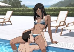 korra avatar_the_last_airbender the_legend_of_korra nickelodeon female blue_eyes brown_hair sexy_body small_breasts nude vagina cunnilingus licking_pussy legs_apart looking_pleasured looking_down tan_body light-skinned_female ai_generated looking_at_partner bikini bikini_bottom_aside exposed_pussy pool poolside wet outdoors wet_body wet_hair mako pleasure_face pleasured pleasure hand_on_head