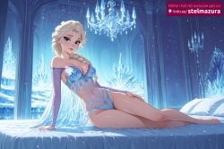 ai_generated ai_assisted stelmazura elsa elsa_(frozen) frozen_(film) disney_princess frozen_2 frozen disney princess 1girl solo long_hair breasts looking_at_viewer blush smile blue_eyes blonde_hair navel cleavage bare_shoulders medium_breasts sitting underwear collarbone panties braid parted_lips barefoot indoors lips see-through bare_legs single_braid bed makeup arm_support on_bed lingerie hair_over_shoulder ice blue_panties snowflakes