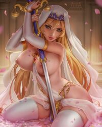 1girls armpits bare_breasts bare_shoulders big_ass big_breasts blonde_hair breasts cleavage female female_only goblin_slayer holding huge_breasts kittew kneeling lace large_ass large_breasts long_hair looking_at_viewer naked nude pose sheer silver_eyes sitting smile solo sword sword_maiden_(goblin_slayer) undressed veil wedding_dress wedding_veil